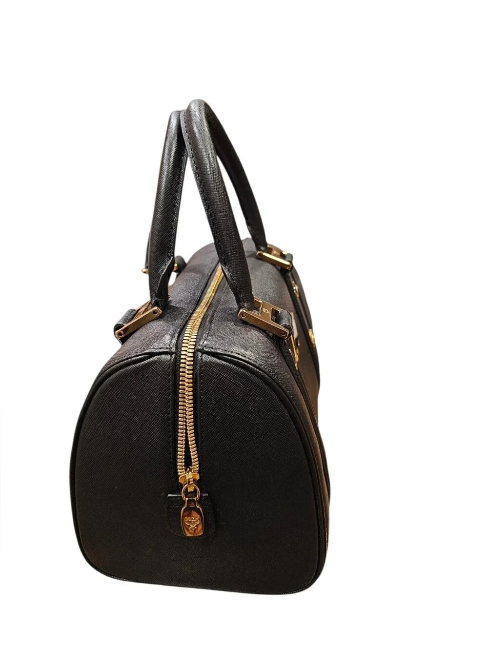 MCM Black Leather Boston Bag Satchel with Gold Hardware